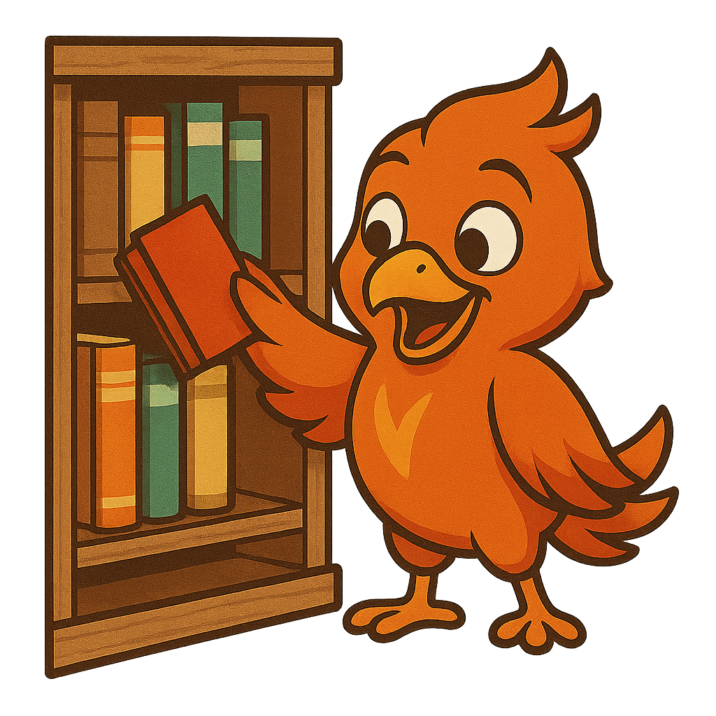 Poly standing in front of a bookshelf
